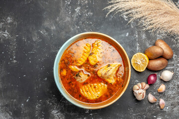 Overhead view quick chicken meal and foods