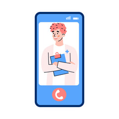 Mobile phone screen with doctor holding clipboard, flat cartoon vector illustration isolated on white background. Character of doctor for online medicine consultation.
