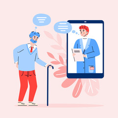 Online medicine and distance medical help for elderly people. Chat of ill old patient with male doctor. Consultation and treatment via internet. Vector flat illustration.