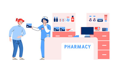 Pharmacy or drugstore with pharmacist or apothecary and client who wants to buy medicament, flat cartoon vector illustration isolated on white background.