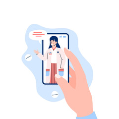 Online doctor chat on smartphone screen, flat cartoon vector illustration isolated on white background. Medical online consultation and internet diagnosis concept.