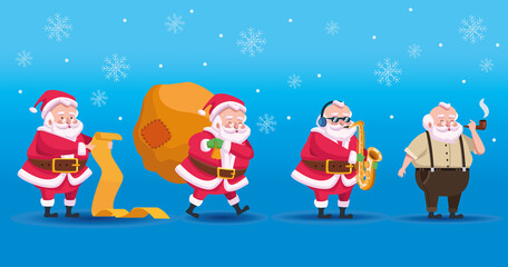 Obraz na płótnie Canvas four cute santas group comic characters