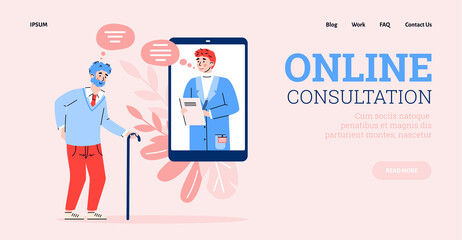 Design web site with app for online medicine, distance medical help and treatment for elderly people. Remote consultation of ill aged patient with doctor. Vector illustration.