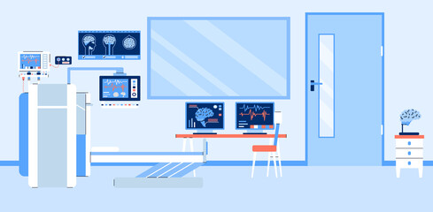 Medical office interior with magnetic resonance tomography equipment. Mri diagnostic in hospital clinic. Research of patient brain on computer screen using mrt scan. Vector banner.