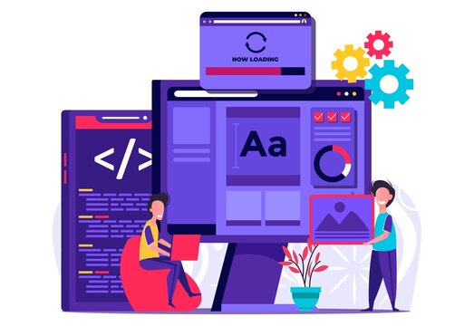Tiny programmers programming website for internet platform flat vector illustration. Tiny people illustration. Vector illustration