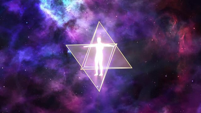 A looped 3D animation of the rotation of two tetrahedrons (Merkaba) inside which is a luminous man. On a space background.