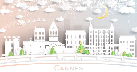 Cannes France City Skyline in Paper Cut Style with Snowflakes, Moon and Neon Garland.