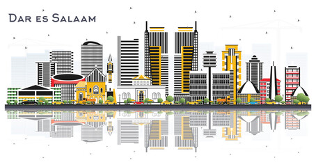 Dar Es Salaam Tanzania Skyline with Color Buildings and Reflections Isolated on White Background.