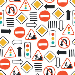 Cute seamless pattern with road signs and traffic lights on a white background. Illustration in hand drawn style for children's room design, Wallpaper, textile. Vector