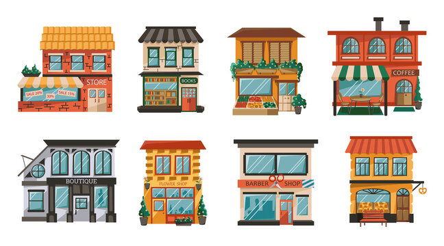 Set of store building facades in a flat style. Urban small shops, barbershop, cafes isolated on a white background. Market exterior, Barber shop and cafe. Vector illustration