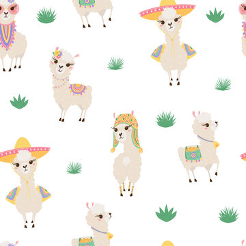 Seamless pattern with cute llamas on white background. Background with funny Alpaca babies for textiles, children's clothing, Wallpaper. Vector illustration