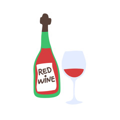 Red wine bottle and wineglass on white background. Cartoon sketch graphic design. Doodle style. Hand drawn image. Party drinks concept. Freehand drawing style