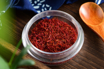 Close-up pictures of traditional Chinese medicine saffron on the background of retro Chinese style