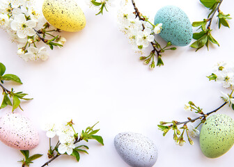 Colorful Easter eggs with spring blossom flowers