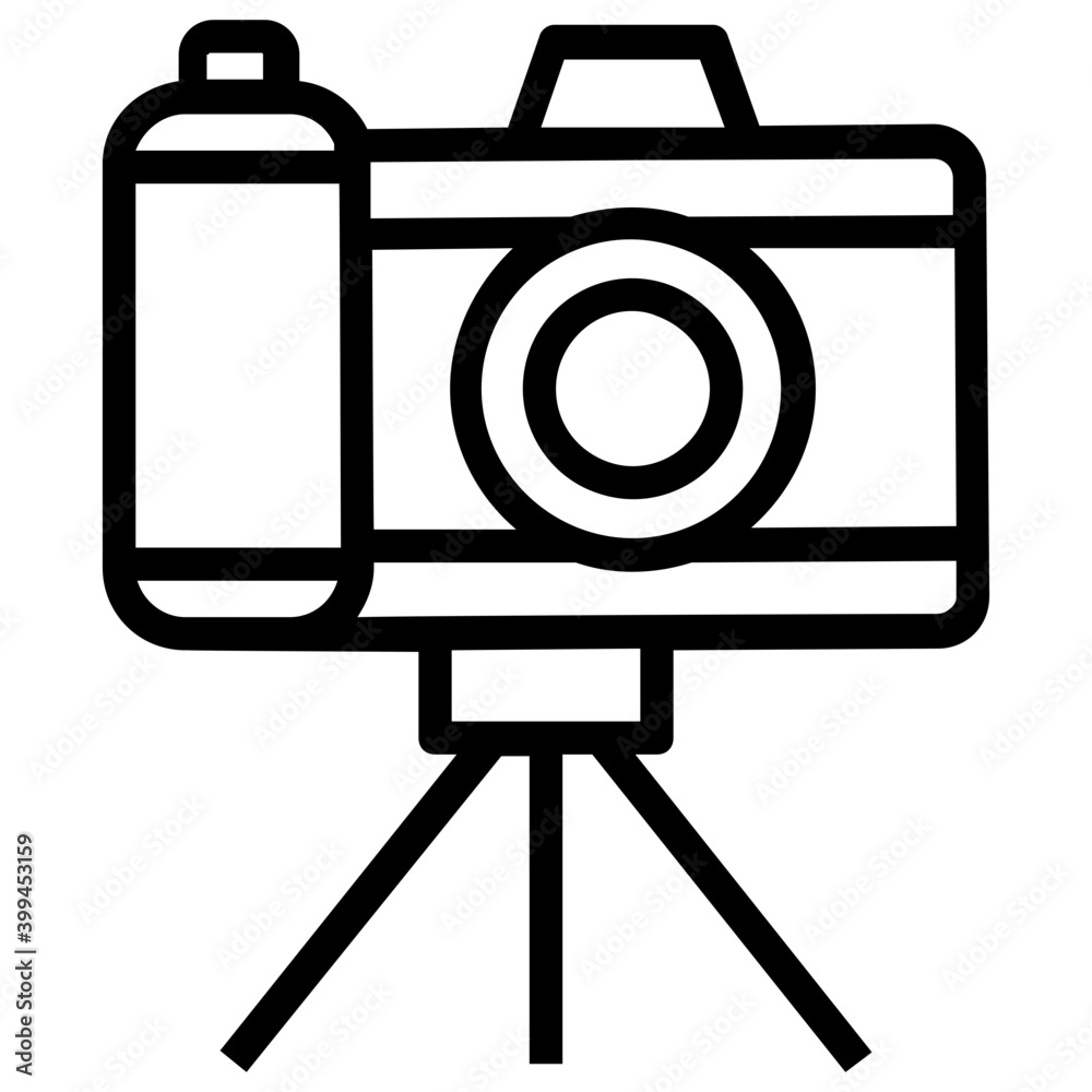 Sticker Tripod camera icon in line design.