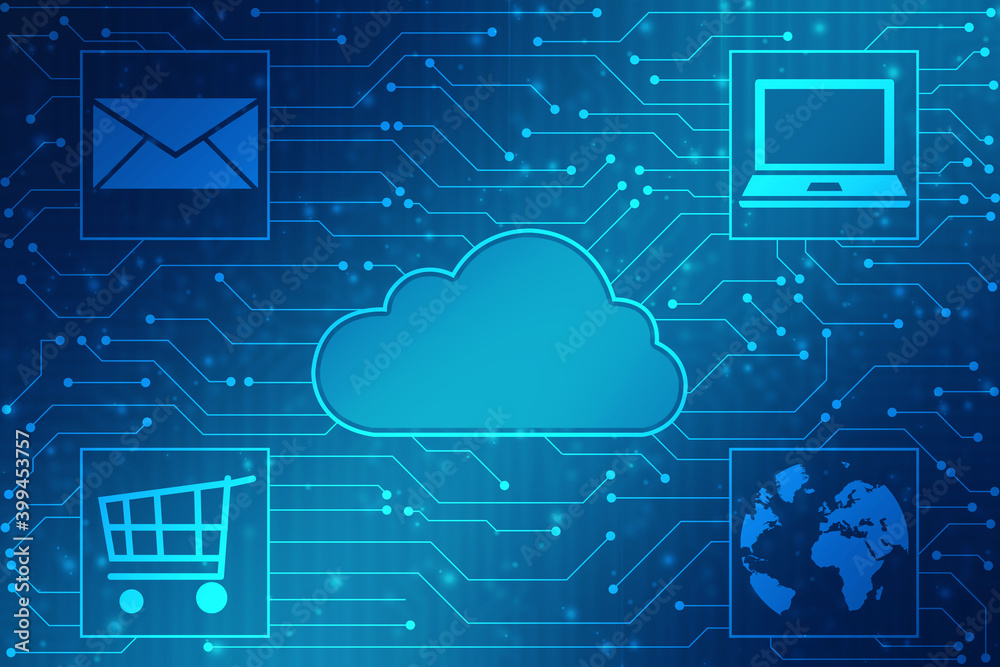 Poster 2d illustration of cloud computing, cloud computing concept, cloud computing technology internet con