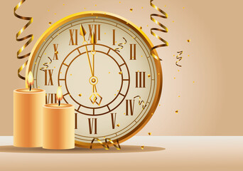 happy new year golden watch and candles