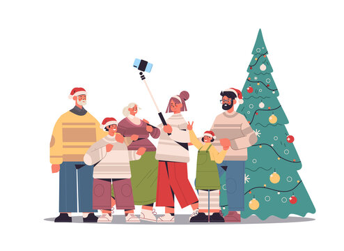 multigenerational family in santa hats taking selfie photo on smartphone camera near christmas tree new year holidays celebration concept horizontal full length vector illustration