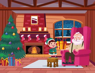 cute santa claus and helper with gift in the house scene