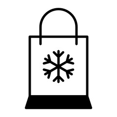 Holiday Sales Vector Glyph Icon Design, Winter Fall activities Symbol on white background, Cold Weather Sign, Wild Season Elements, Shopping Bag with Snow Flake Concept,