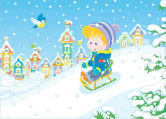 Obraz na płótnie Canvas Happy little boy sledding down a snow hill on a playground in a snowy park on a beautiful frosty day on winter holidays, vector cartoon illustration