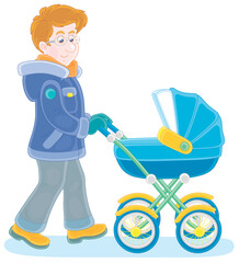 Young dad leisurely walking with his small child sleeping in a colorful baby carriage on a winter day, vector cartoon illustration isolated on a white background