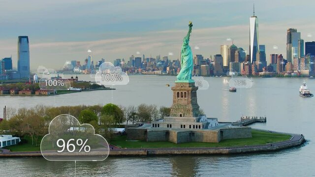 Futuristic hi tech aerial view of the Statue of the Liberty with clouds and networks. Connected view of New York skyline in the background representing concepts as: IOT, AI, Smart city.