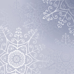 Delicate background of white snowflakes on a light lilac color.