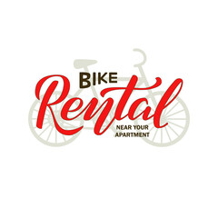 Vector illustration of bike rental brush lettering for banner, leaflet, poster, clothes, logo, advertisement design. Handwritten text for template, signage, billboard, printing, price list, flyer
