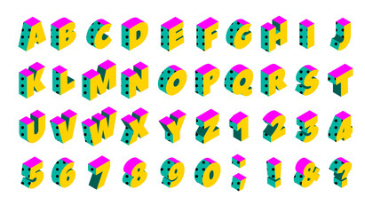 90s isometric memphis dotted alphabet. Vector set of colorful elements