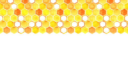 seamless watercolor border with honeycomb. yellow and orange honeycomb with honey on a white background. seamless pattern, web banner. illustration on the theme of honey, beekeeping, farming, eco foo