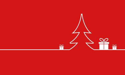 outline christmas tree and gift boxes, red holiday background