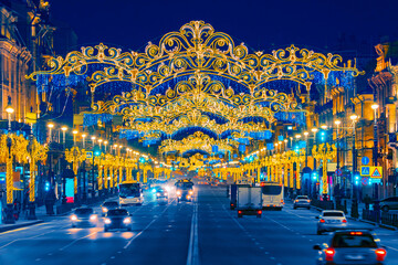 Christmas In Saint Petersburg. Nevsky Prospect is decorated for the New year. Festive garlands on...