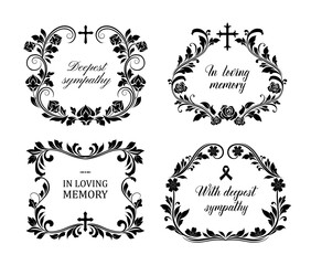 Funeral frames, vector vintage obituary wreath set