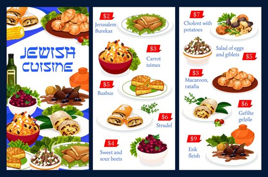 Jewish meals vector menu template, israelite food