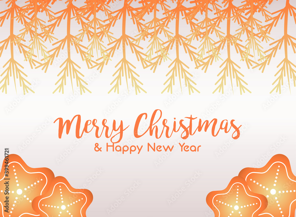 Wall mural merry christmas and happy new year lettering card with golden stars and firs