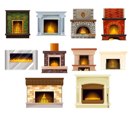 Home fireplaces with fire set, interior design