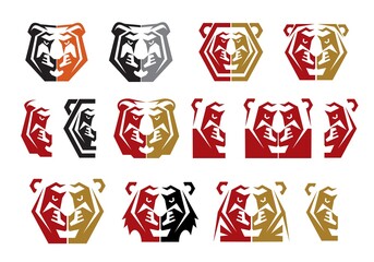 Tiger, cougar or lioness head graphic icons set
