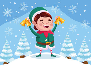 cute santa helper christmas character with golden bells in snowscape