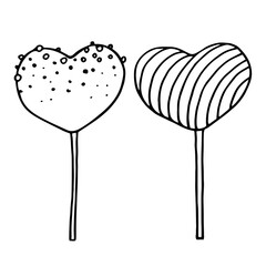 Sweetheart lovers in the shape of a heart. Holiday lollipops. Drawn by hand in contour on a white background. Doodle style. Vector.