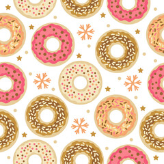 Christmas sweets seamless pattern with winter donuts. Wallpaper, print, packaging, paper, textile design. One of 20