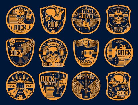 Hard rock music vector icons skull and guitar set