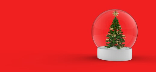 Christmas tree in snow globe on red background. Background for new year greeting cards