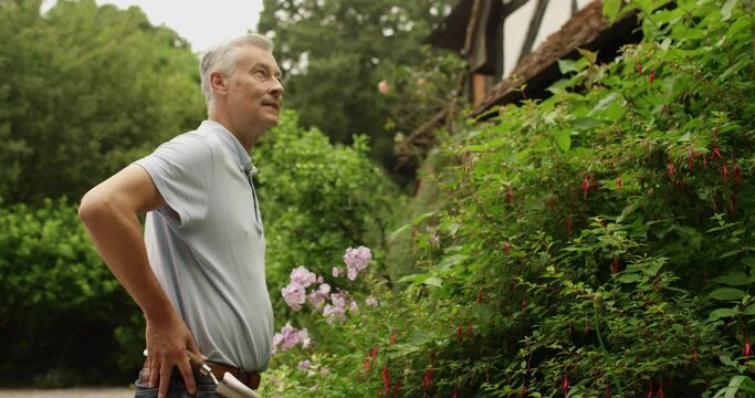 4k, Man taking a moment while working in his garden to appreciate his recently pruned bush