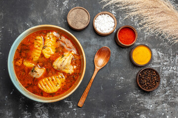 Horizontal view of easily prepared chicken meal and spices set