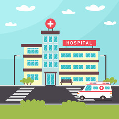 Hospital outside city background and ambulance nearby. Medical institution. Building Medical care. Ambulance near the hospital. Modern vector flat isolated illustration