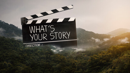 What's your story.Text title on movie clapper board. mountain landscape background	