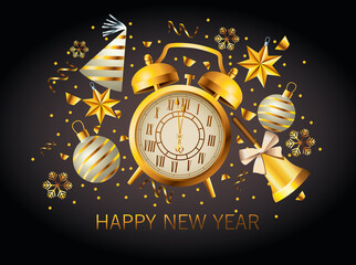 happy new year lettering with golden alarm clock