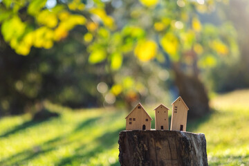 Wooden house models on tree stump in the outdoors