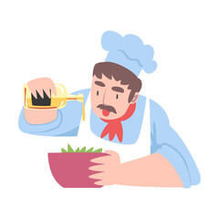Chef Cooking Salad, Cook Character in Hat and Apron Cooking in the Kitchen Cartoon Style Vector Illustration